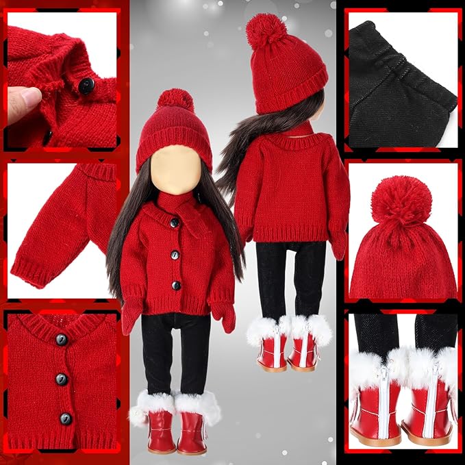 6 Pcs Christmas 18 Inch Doll Clothes and Accessories Winter Outfits Set Sweaters Trousers Hats Shoes for 18 Inch Doll Gift(Dark Red,Classic Style)