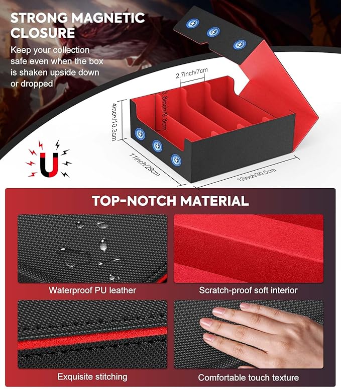 MoKo Trading Card Storage Box, 3000+ MTG Deck Box with 24 Colorful Dividers & 4 Card Supporters, Commander Card Deck Case Fits for Magic Game Cards, YugiOh, TCG, PTG and Sport Cards, Black Red