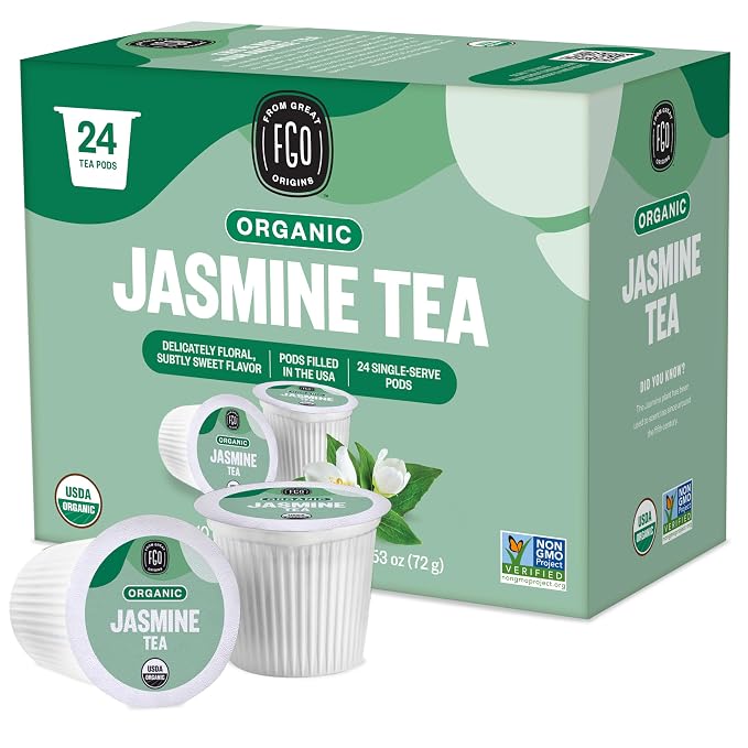 FGO Organic Jasmine Green Tea K-Cup Pods for Keurig, 24 Count (Pack of 1), Premium Green Tea is USDA Organic, Non-GMO, & Recyclable with Naturally Occurring Caffeine