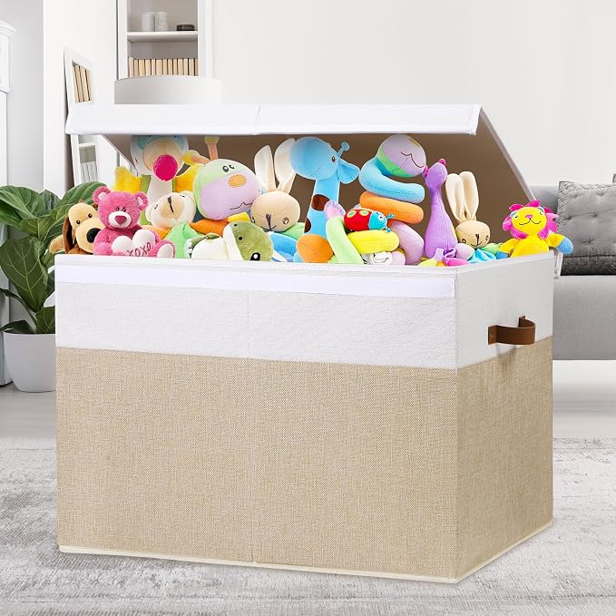 Large Toy Storage Box with Lid, Toy Chest Bin Boxes Basket with Dividers | Sturdy Toy Organizer Bin for Kids, Boys, Girls, Nursery, Living Room, Bedroom, Playroom 26"x17" x17"(Beige and White)