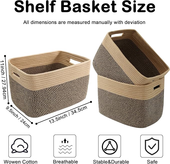 3 Pack Woven Baskets,Storage Baskets for Shelves with Handles | 13.5"×11"×9.5", Closet Baskets, Nursery Organizer for Toys Towels Books, Storage Bin for Living Room Bedroom (Jute & Black)