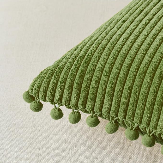 Fancy Homi Pack of 2 Moss Green Decorative Throw Pillow Covers 24x24 Inch with Pom-poms, Soft Corduroy Solid Square Cushion Covers for Couch Sofa Bedroom Car Living Room 60x60 cm