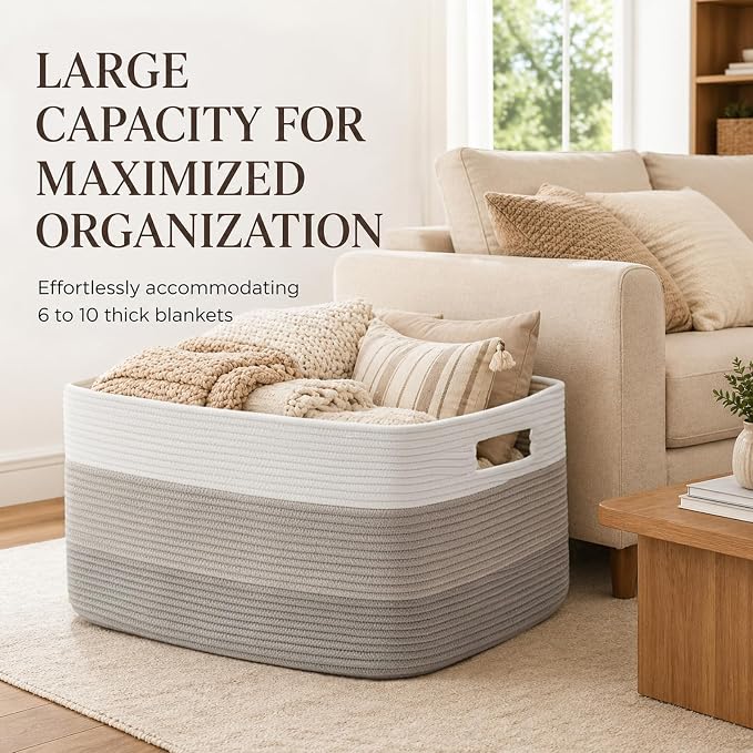 OIAHOMY Large Blanket Basket, 22”x17”x12” Laundry Baskets, Nursery Blanket Storage Living Room, Toy Storage With Handle, Rectangle Woven Baskets-Gradient Grey
