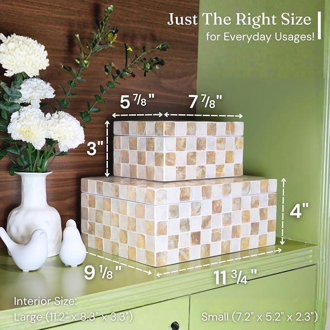 12"x8" Capiz Shell Decorative Boxes with Lids, Ivory, Set 2 | Lidded Storage Keepsake Boxes For Photos, Letters & Jewelry, Decorative Beige Keepsake Trunk, Trinket Boxes For Home Decor