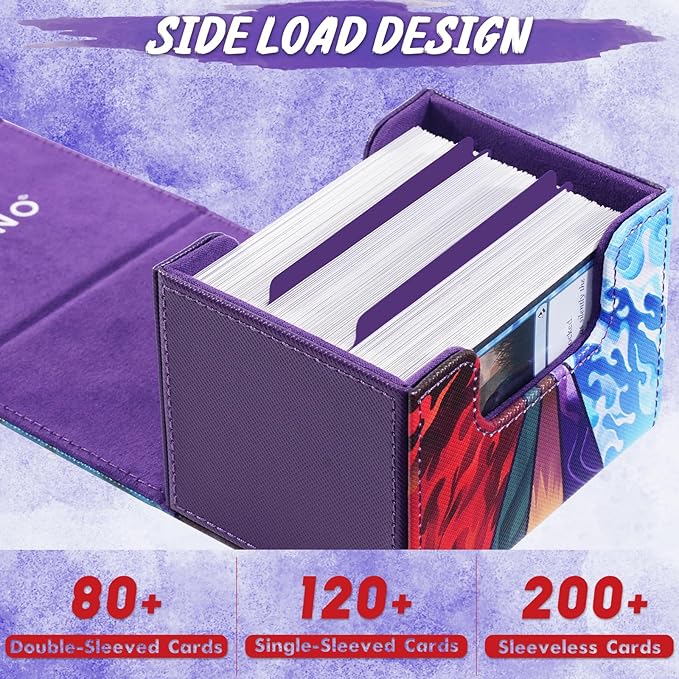 UAONO Card Deck Box for MTG, Trading Cards Storage Box Holds 120+ Sleeved Commander Deck, PU Leather Card Box Suits TCG Magic with 2 Dividers (Black,Lotus)