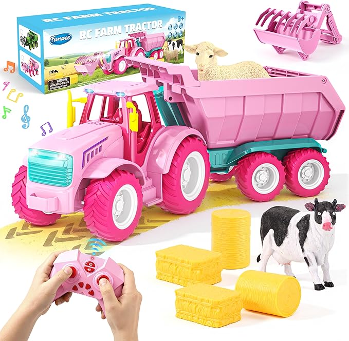 Funwee 2.4GHz RC Tractor Toy w/Light & Music, Kid Farm Car Toy w/Front Loader & Farm Animal, RC Tractor Trailer Truck Vehicle Toy for Boy Girl Age 3 4 5 6 7+ Year Old Christmas Birthday Gift (Pink)