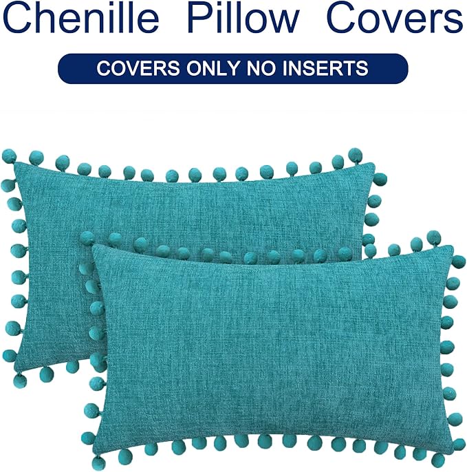 CaliTime Decorative Couch Throw Pillow Covers 20 X 12 Inches Lake Blue | Pack of 2, Cozy Chenille Cushion Cases, with Pom Poms for Sofa Bed Living Room Farmhouse Home
