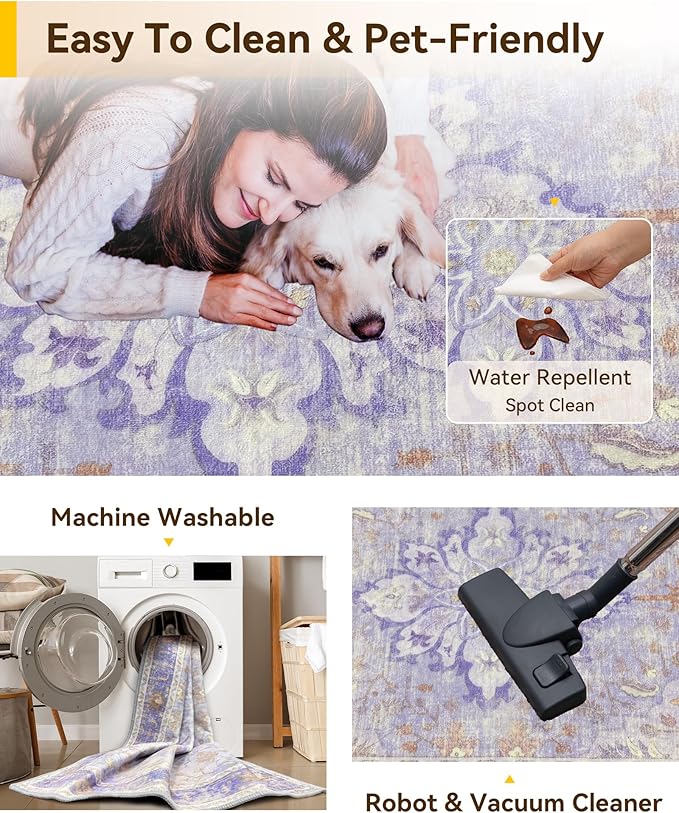 RELEANY Area Rugs Square 4ft Washable Non-Slip, Floral Vintage Distress Medallion Carpet for Living Room Bedroom Dining Room, Light Purple Brown