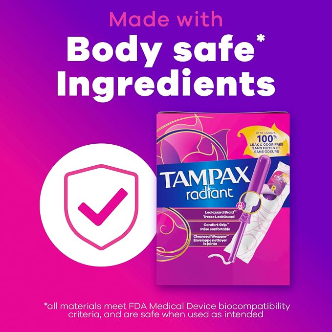 Tampax Radiant Tampons Multipack with Leakguard Braid, Regular/Super Absorbency, with Leakguard Braid, Unscented, 28 Count (Pack of 2)