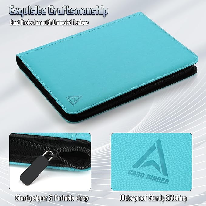 Arkeiliy Card Binder 9 Pocket, Double Sided Pockets Trading Card Binder with 30 Sleeves, Premium Zip Trading Card Holder Collector Album Holds 540 MTG (turquoise)