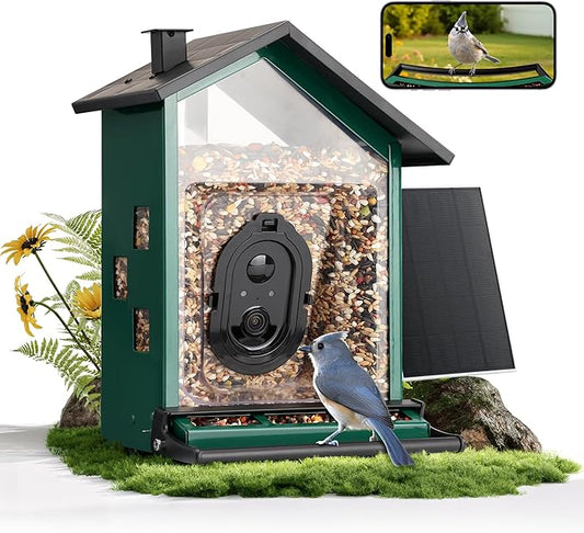 TT Nature Smart Bird Feeder with Camera Solar Powered Squirrels-Proof, AI Identify Bird Species & Instant Arrival Notification Camera, Data Security, Metal Case 3.2L Large Capacity Gift, Green