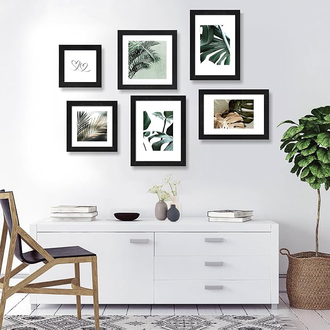 Hongkee 10x10 Picture Frame Set of 4, Made of Glass and Rustic Black Wooden Frame - Display Picture 8x8 with Mat or 10 x 10 Without Mat, 10 by 10 Photo for Wall or Tabletop