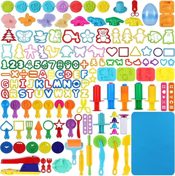 144 PCS Dough Tools Set for Kids Ages 3-8 – Includes Letter & Number Cutters, Animal Cutters, Dinosaur Molds, Extruder, Scissors, Rollers, Dough Mat, Storage Bag