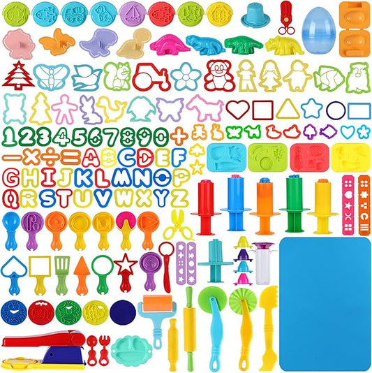144 PCS Dough Tools Set for Kids Ages 3-8 – Includes Letter & Number Cutters, Animal Cutters, Dinosaur Molds, Extruder, Scissors, Rollers, Dough Mat, Storage Bag