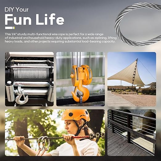 1/4" Stainless Steel Cable, 350FT Wire Rope Aircraft Cable with Cable Clamps and Thimbles for Backyard Zipline, String Lights and Deck Railing, 6x37 Strands Construction
