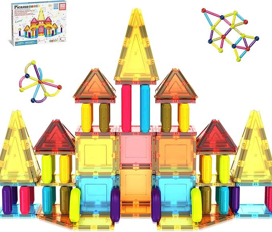 PicassoTiles 82 Piece Magnetic Sticks and Magnet Tiles Construction Building Block Toys for Toddlers, STEM Learning Toy Magnets Balls and 3+ Years Old for Boys Girls Kids Children Early Educational