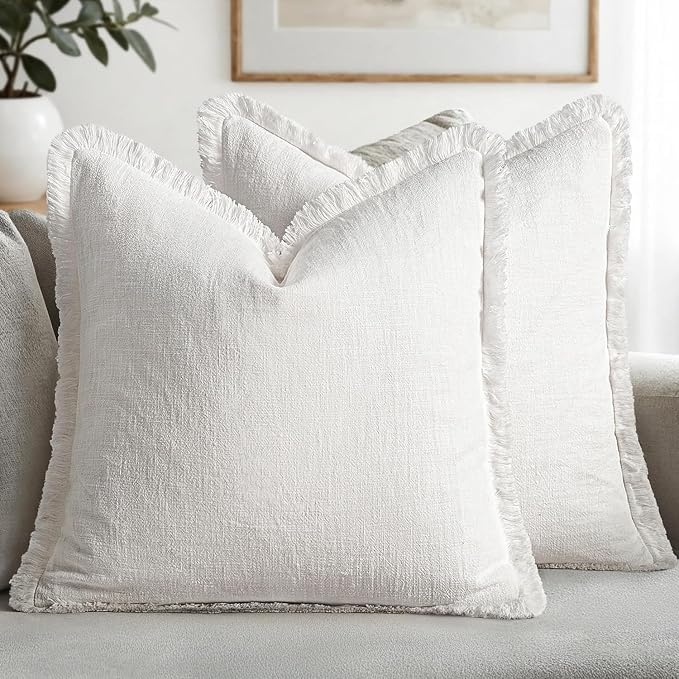 MIULEE Boho Linen Fringe Decorative Euro Throw Pillow Covers White 28x28 | Set of 2, Cottagecore Decor, Boho Farmhouse Neutral Pillow Covers, Rustic Couch Cushion Cases for Sofa Bed Living Room