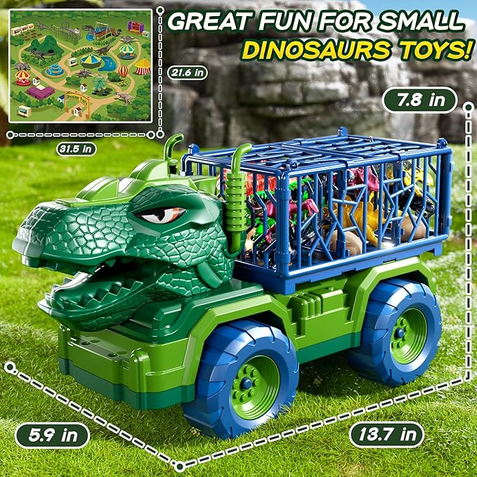 Dinosaur Cars Truck Toys for Kids 3-5 with 8 Dinosaur Figures, Activity Play Mat, Dinosaur Egg, Trees, Jurassic Play Set for Boys and Girls Ages 5-7