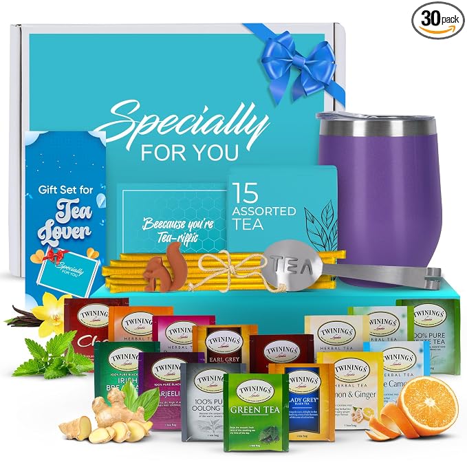 Modern Elegance Tea Gift Set, Includes 15 Teas, Stainless Steel Tumbler, Honey Straws, Tea Spoon Squeezer, Squirrel Tea Bag Holder (Purple)