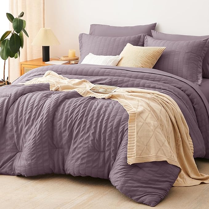 CozyLux Oversized Queen Comforter Set Dusty Purple Seersucker 7 Pieces 98x98 Bed in a Bag Comforter Set with Sheets, Grayish Purple Bedding Set Down Alternative Comforter, Sheets, Pillowcases & Shams