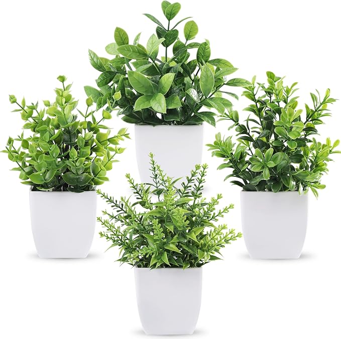 Der Rose 4 Pack Fake Plants, Greenery Potted Plants for Home Decor Indoor | Unique artificial plants, no-care potted greenery, for desk table windowsill bathroom office farmhouse and classroom decor