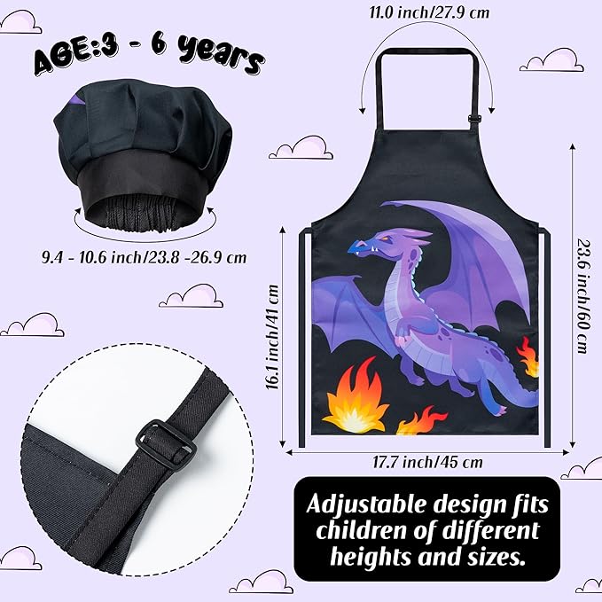 R HORSE Kid Apron and Chef Hat Set - 2Pcs Dragon Adjustable Children Kitchen Apron Dress up Role Play Chef Toy Kid Cooking Gift Birthday for Kids Cooking Baking Painting and Training