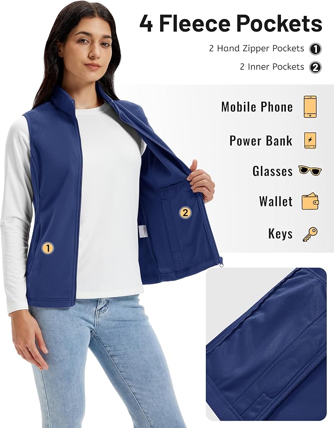 TACVASEN Women's Fleece Vest Lightweight Sleeveless Zip Jacket Outerwear | Soft Polar,Zipper Pockets,Stand Collar,Fall Winter Warm,Outdoor,Athletic,Running,Hiking,Travelling,Golf,Work