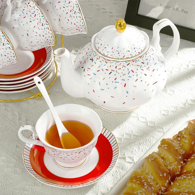 fanquare 21-Piece Colorful British Porcelain Tea Sets, 6 Cups and Saucers Set for Party, Rainbow Sprinkle Sugar Pattern Coffee Set for Adults, Birthday, Holiday, Celebrations