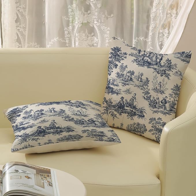 French Country Pillow Covers 18x18 Set of 2 Vintage Toile Blue Throw Pillows French Country Outdoor Decorative Pillowcase Rustic Cottage Decor Linen Farmhouse Cushion Case for Couch Bed Sofa