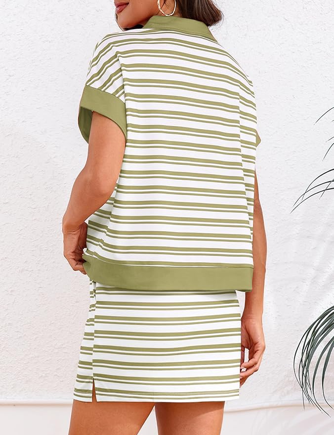 Womens Striped 2 Piece Outfits Skirt Set Summer Casual Short Sleeve Polo Skort Workout Set Matching Lounge Sets
