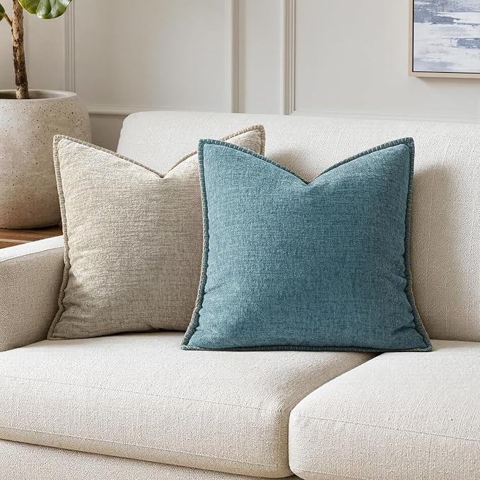 MIULEE Decorative Couch Throw Pillow Covers 20x20 Inch Smoke Blue 2 Pack | Farmhouse Pillow Covers with Stitched Edge, Soft Chenille Cushion Cases, for Sofa Bed Living Room Home Decor