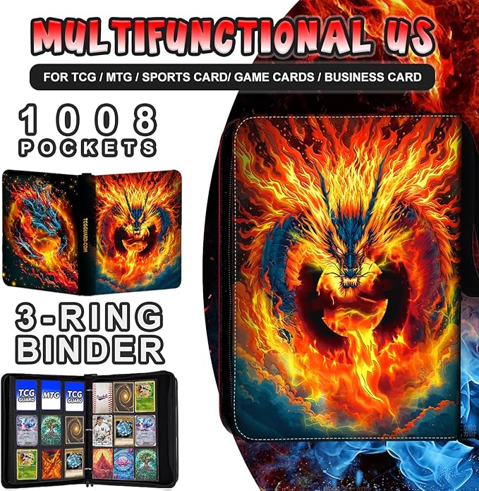 1008 Card Binder 9 Pocket Trading Card Binder with 56 Page 3-Ring Removable Sleeves, High Storage Waterproof Card Holder Collection Card Album Carrying Organizer Case for MTG TCG Cards- Dragon