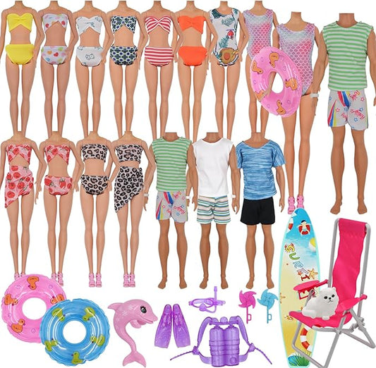 42Pcs Doll Clothes and Swimming Accessories for 12 inch Boy and Girl Dolls Includes Bikini Swim Suit Swim Trunks Skateboard Lifebuoys Chair Diving Swimming Sets for 12 inch Doll Beach Style