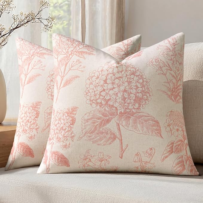 Set of 2 Decorative Floral Pillow Covers 18x18 Inch Light Pink | Neutral Hydrangea Print, Boho Vintage Throw Cushion Covers, Cottagecore Home Decor, for Sofa Couch Porch Bedroom Living Room