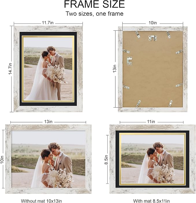 Hongkee 10x13 Picture Frame Set of 4, Made of Real Glass and Distressed White Frame, 10 by 13 Photo for Wall or Tabletop - Display Picture 8.5x11 with Mat or 10x13 Without Mat