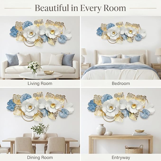 Axioglo 59" Large Wall Decor,3D Floral Metal Wall Art for Living Room | 59" x 27" metal wall decor with layered metal texture, mounting hardware, two-way display