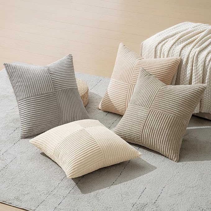 MIULEE Neutral Decorative Throw Pillow Covers 18x18 Inch Set of 4 for Livingroom Couch Sofa Modern Farmhouse Soft Corduroy Cushion Cases Striped Patchwork Home Decor (Cream,Grey)