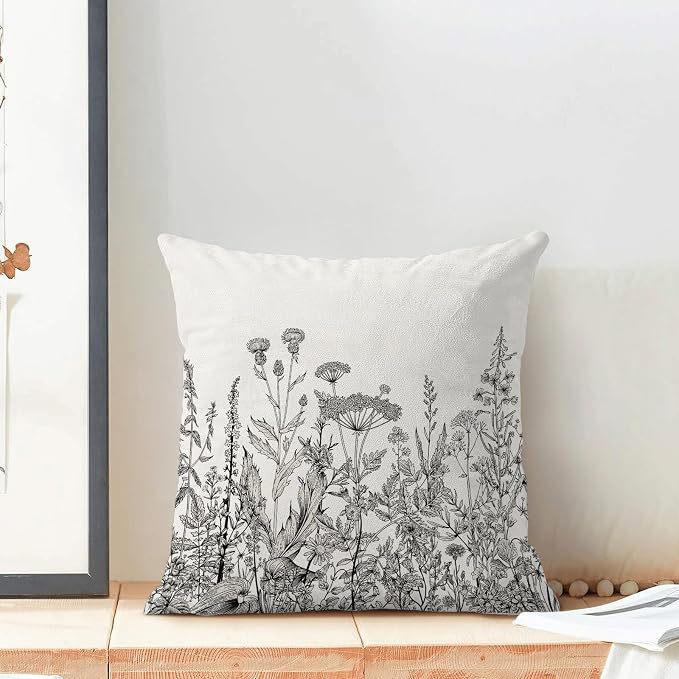AEIOAE Black White Gray Pillow Covers 18x18 Inch Set of 2, Spring Wildflower Plant Throw Pillows Case,Seasonal Floral Outdoor Decorative Flowers Farmhouse Decor Cushion Covers for Home Sofa Bed Couch