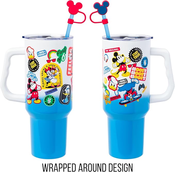Silver Buffalo Disney Mickey Mouse Stainless Steel Tumbler with Straw Cover, Lid, Straw, and Handle Featuring Donald Duck, Daisy Duck, Minnie Mouse, Mickey Mouse, Goofy, and Pluto, 40 Ounces