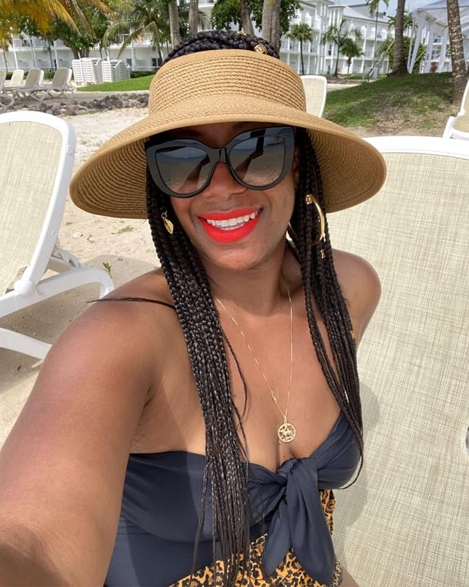 FURTALK Womens Sun Hat with Ponytail Hole Wide Brim Beach Straw Visor | Foldable & Packable for Beach Vacations, Adjustable Fit for Messy Buns, Detachable Windproof Strap, Sweat-Wicking Inner Band