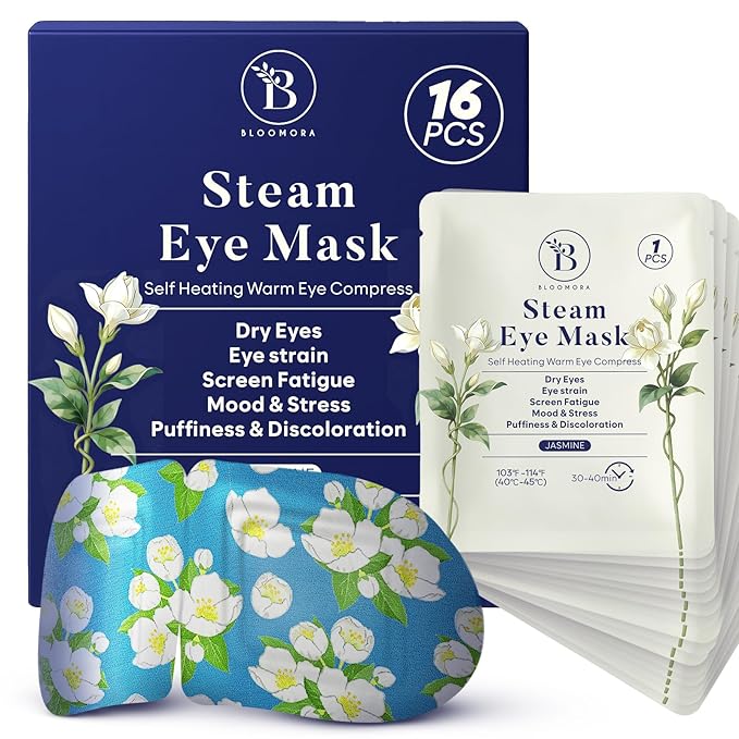 16 Pack Jasmine Steam Eye Mask for Dryness, Puffiness, Strain & Relaxation, Heated Eye Mask for Sleep & Travel, Self-Heating & Disposable Warm Compress, Travel Essentials, Relaxation Gifts for Women