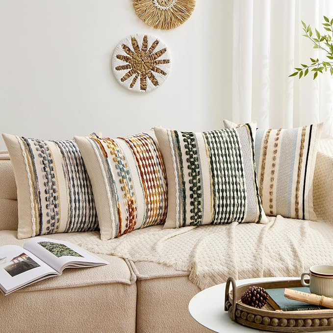 ANRODUO Boho Decorative Throw Pillow Covers Brown Stripe 20x20 Pack of 2 | Throw Pillow Covers, Farmhouse Cushion Case, Chenille Pillow Cases, Pillow Covers, Accent Neutral Pillowcase for Couch Bed