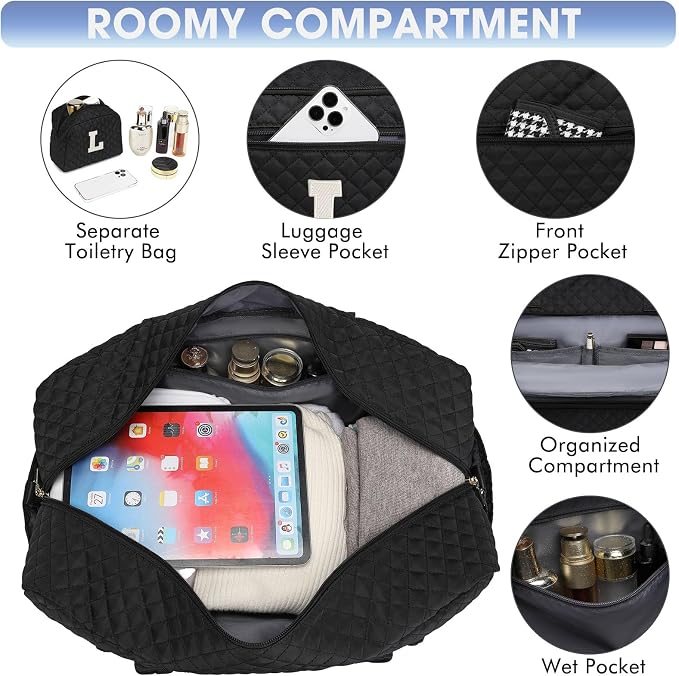 Initial Travel Duffle Bag for Women - Black Personalized Weekender bags Overnight Bag with Shoe Compartment & Wet Pocket Weekend Tote Bags with Toiletry Bag Monogram Christmas Gift (Letter L)