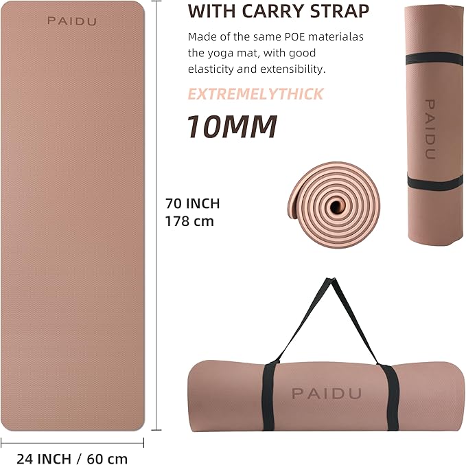 PAIDU Yoga Mat Non Slip Anti-tear,extra thick-2/5 inch（10MM）High Resiliency Professional POE Yoga Mats for Women Men Kids,72"x24"inch,Workout, Yoga, Pilates and Floor Exercise, with Carrier Strap