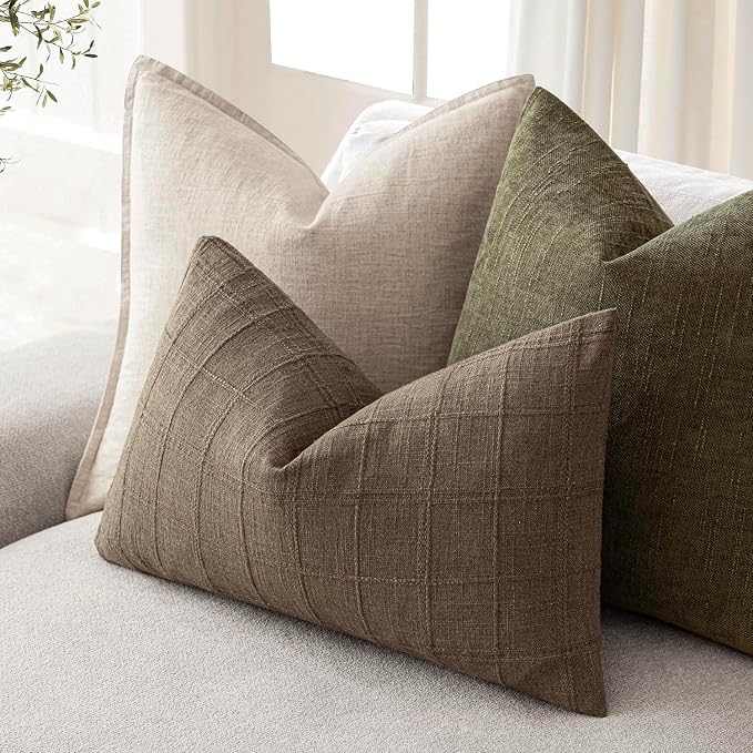 Foindtower Set of 2 Decorative Linen Check Throw Pillow Covers Neutral Farmhouse Lumbar Cushion Covers Modern Boho Home Decor for Sofa Chair Couch Bedroom Living Room,12×24 Inch,Light Brown