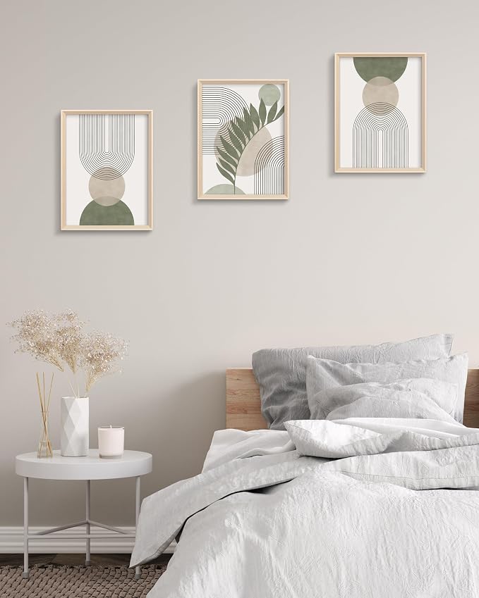 Boho Sage Green Framed Wall Art, Abstract Canvas Prints | 12x16IN Set of 3,High Framed Design Canvas Prints,Minimalist Green Abstract Wall Decor for Living Room Bedroom Gallery Office
