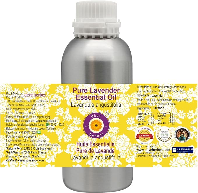 Deve Herbes Pure Lavender Essential Oil (Lavandula angustifolia) Steam Distilled 630ml (21 oz)