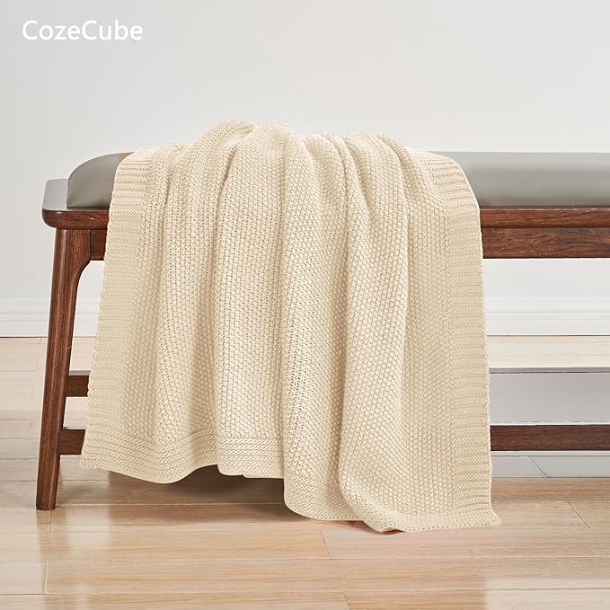 CozeCube Light Beige Seed Stitch Throw Blanket 50"x60", Farmhouse Decor | Blanket for Couch, Soft Cozy Cable Knit Throw for Bed Sofa Living Room, Lightweight Warm Decorative Christmas Blanket