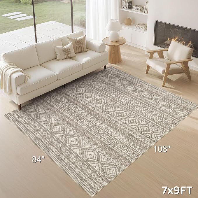 cotiled 7x9 Area Rugs Living Room Rug: Washable Boho Rugs with Non Slip Backing Large Soft Indoor Stain Resistant Carpet for Bedroom Farmhouse Dining Room Lightweight Home Decor Coffee Brown