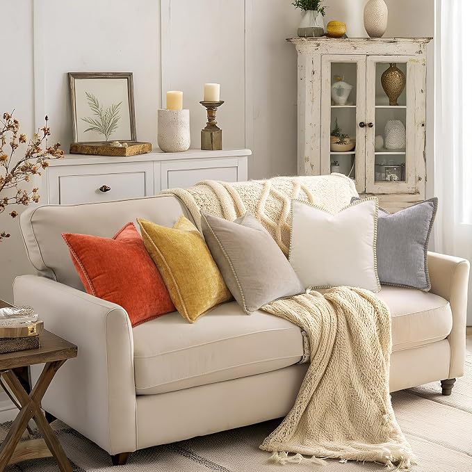 decorUhome Soft Chenille Throw Pillow Covers 18x18 Set of 2 Mineral Yellow | Fall Textured Decorative Throw Pillow Cases Stitched Edge Modern Farmhouse Luxury Boho Velvet for Couch Sofa Bed Home Decor